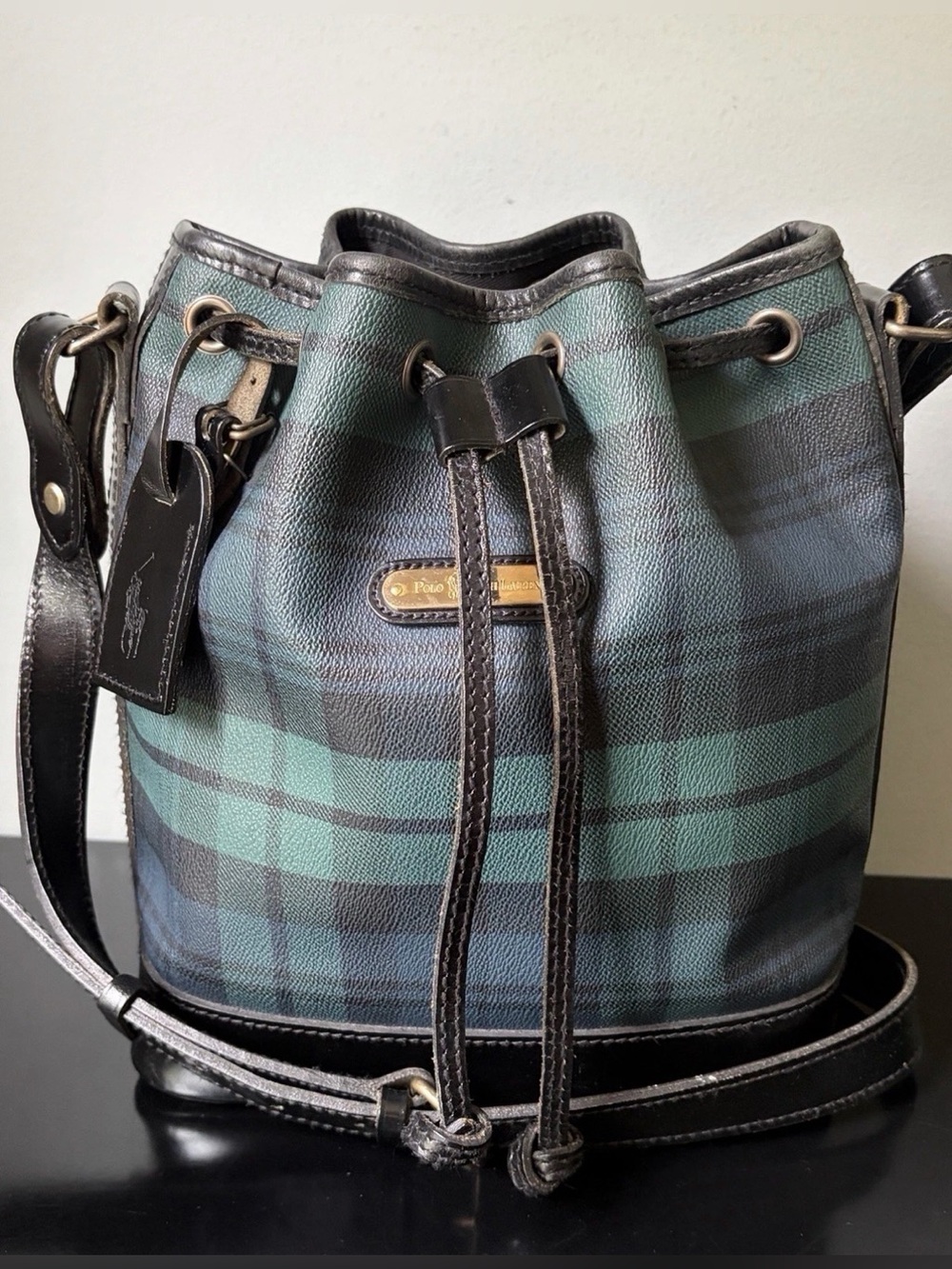 VINTAGE RALPH LAUREN POLO Green Black Watch Plaid/ Leather Drawstring Bucket Bag
